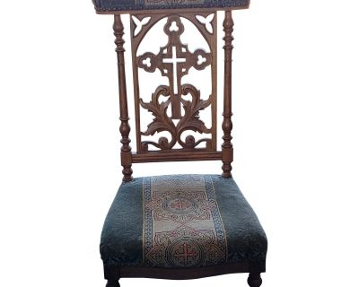 French Antique Prayer Chair- Blue Woven Textile