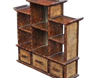 Vintage Burnt Bamboo Pagoda Wall Shelf Chinoiserie Style With 3 Drawer Cabinet