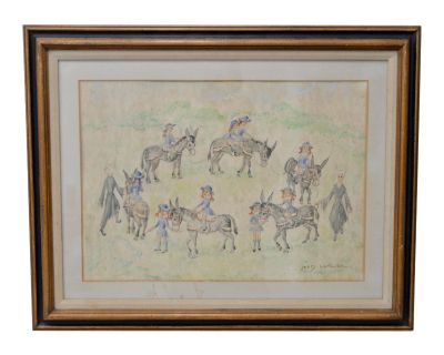 Jean Lareuse "School Girls on a Donkey Ride" Original Watercolor C.1950
