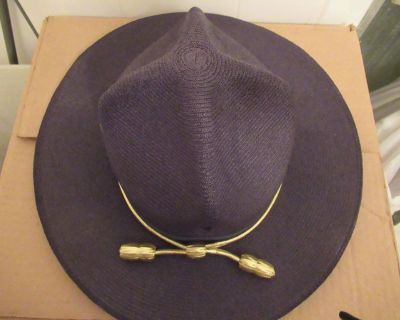 This is an Officially Retired State Trooper's/Sheriff's Hat. The crown is 5" tall, the brim is 3 1/8" wide. The color is a Navy/Black. It is in near Mint condition, with no damage or staining. It was given to me by a Sargent, who taught Tactical Weapons to SWAT teams. I cut his Flat-Top Haircut every Saturday for years. I have another hat listed. Please feel free to make me an offer.