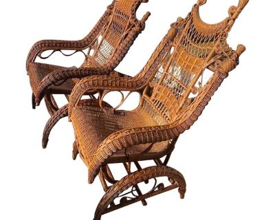 Antique His & Hers Wicker Platform Rocking Chairs For those with an eye as refined as their taste, this pair of 19th-century rocking chairs is nothing short of a masterclass in craftsmanship. Sculptural spindles, a signature platform base, and a motion so impossibly smooth these are not just chairs; they are museum-worthy (see: Yale University Art Gallery). Picture them in a meticulously layere...