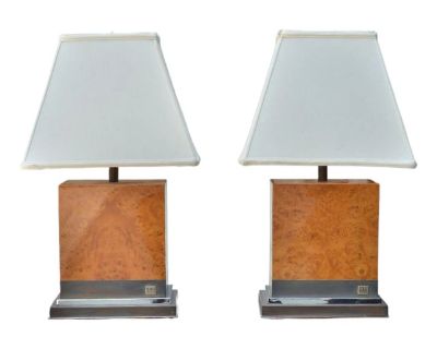 Pair of Jean Claude Mahey, Burl Wood, Chrome, Table Lamps, France, 1960s