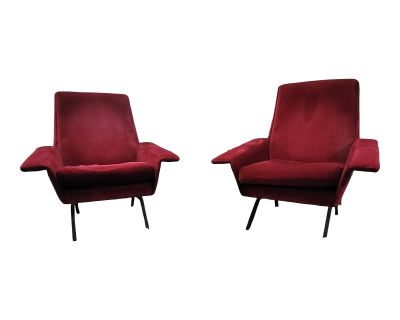 1960s Mid Century Modern Italian Lounge Chairs in Red Velvet After Pierre Guariche- a Pair