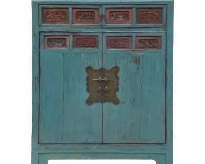 Chinese Vintage Carving Panel Tall Credenza Blue Storage Cabinet