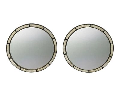 Art Deco Style Handmade White & Black With Brass Inlay Round Mirror, a Pair
