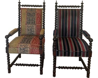 Late 19th Century Jacobean Barley Twist Style English Antique Hand-Carved Wood Arm Chairs Set of 2
