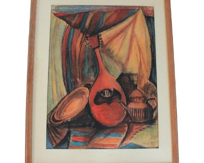 Vintage 1960s Musical Instrument Still Life Pastel Framed Art