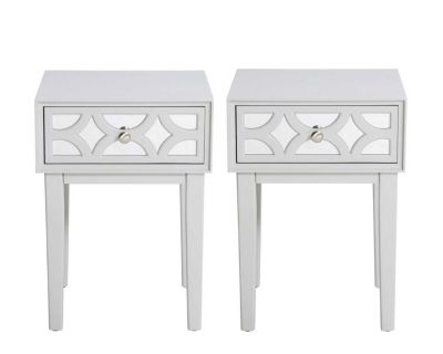 NEW - IN-BOX - TWO (2) LIGHT GREY MID-CENTURY MIRRORED FRET WORK SINGLE-DRAWER NIGHTSTANDS