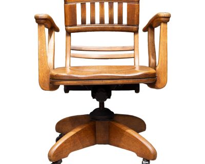 Antique Adjustable Swivel Oak Desk Chair With Floating Back Rest C.1926