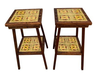 1970's Tiled Wooden Side Tables - a Pair