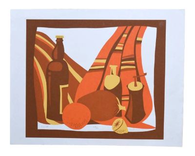 A vintage 1970 framed serigraph print, entitled "Repast" by artist Martin Friedman. The limited edition print depicts a classic still life scene depicted in a modern cubist twist. The print has very good color, with some minor creases and tiny tear on top of the paper. The print is signed in pencil as well as numbered 327 of 350. Print itself measures 16 x 20" Framed size is 17 x 21". Dimension...