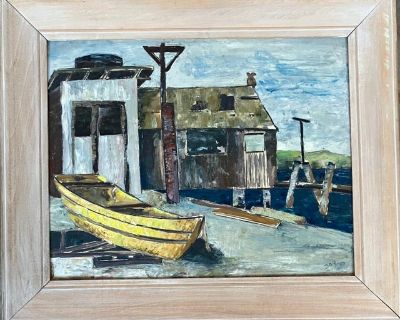 Mid Century Oil Painting Coastal Boat Yard by California Regionist Artist, Signed & Framed