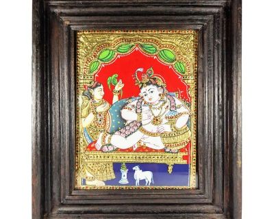 1990s Navaneetha Krishna Tanjore Painting Dakshin Art Gallery Chennai Gold Leaf Relief, Framed