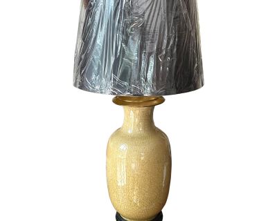 Sophisticated Antique Chinese Porcelain Vase Made to Lamp on Carved Wood Base and With Black Shade.