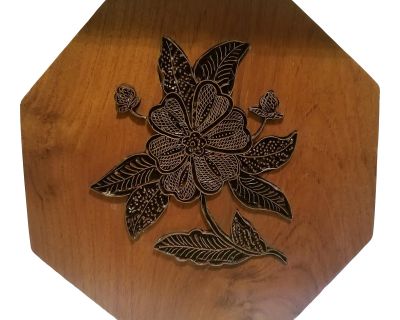 Large Vintage Wood Art or Trivet With Metal Floral Design Inlay