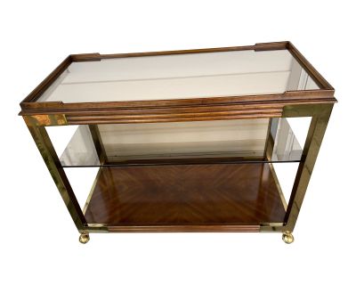 1960s Midcentury Drexel Heritage Brass, Wood, Mirror and Smoked Glass 2-Tier Bar Cart