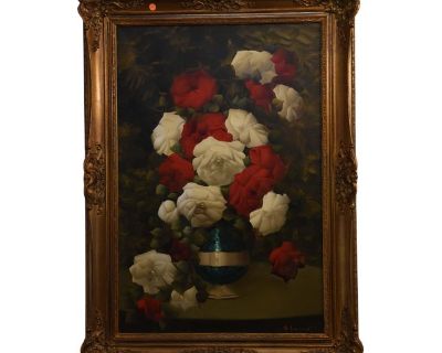 Classic Roses in Verdant Shadows Oil on Canvas by C. Lamont French (1932)