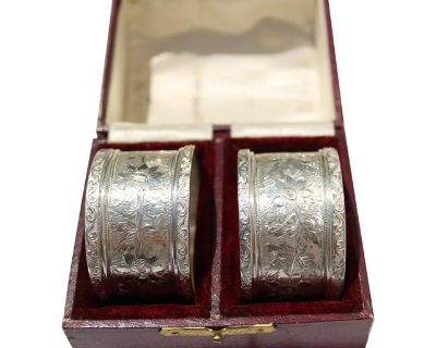 Antique John Thompson & Sons Sterling Silver Napkin Rings in Box- Set of 2