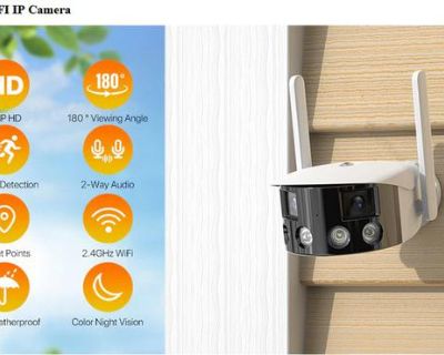 Dual lens WiFi security camera 4MP UHD. Ultra-wide angle Outdoor/Indoor.