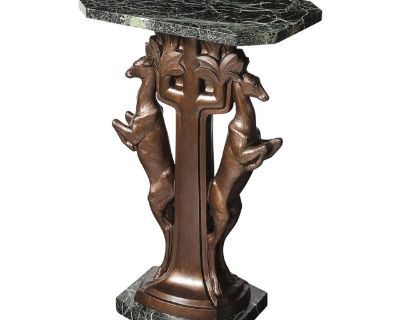 Art Deco Sculptural Bronze Gazelle Motif & Green Marble Side Table Signed P Sega