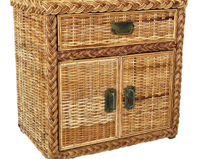 Vintage Coastal Island Style Floating Braided Rattan Chest Nightstand Side Table