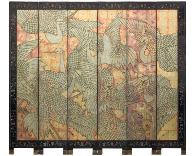 Mid-Century Chinese Coromandel Screen with Gold Cranes and Lacquered Floral Back