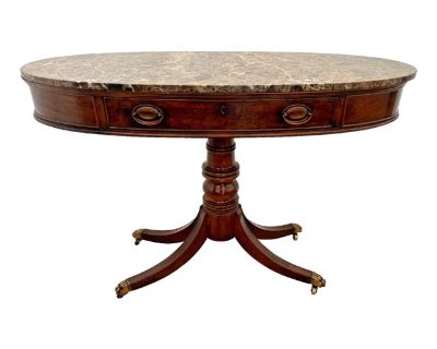 Gorgeous Vintage Oval Sofa Table Console by Century Furniture Marble Top, Burl Walnut Dovetail drawer, Claw feet on Caster wheels. 33" Tall x 49" wide x 22" Deep. Very Good structural condition, High End craftsman construction, Age/use related surface wear marks, Small nicks, Scratches and blemishes, No structural Damage, All joints tight and strong, Marble is crack free. You will receive exact...