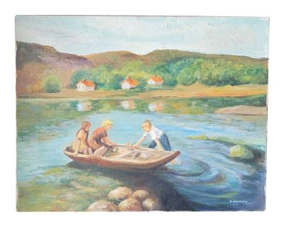 Vintage Bucolic Oil Painting on Canvas Children in Rowboat Unframed Signed