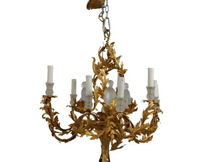 French Gold Leaf Toleware Chandelier W. Asian Crystal