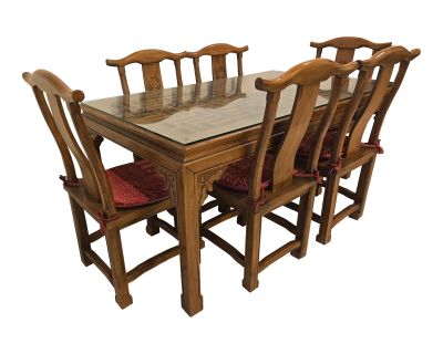 1980s Vintage Teakwood Hand Carved Dining Room Table - Set of 8