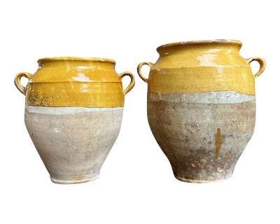 Pair Antique Provincial French Yellow Glazed Pottery Confit Pot Urn Vase Vessel