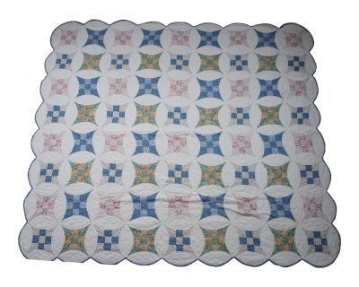 Vintage Nine Patch Stitched Scalloped Geometric Quilt Blanket Bedspread