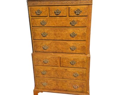 1970s Traditional Baker Burl Wood Highboy 10 Drawer Dresser