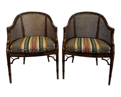 Pair of Vintage Hollywood Regency Faux Bamboo Caned Barrel Back Chairs