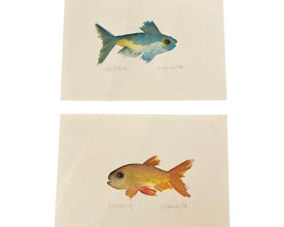 1990s Watercolor Fish Paintings Small Scale - a Pair