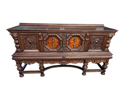 Jacobean Style Renaissance Oak Credenza Buffet Carved Unique Detail
