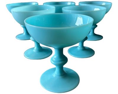 1930s Vintage Portieux Vallerysthal French Turquoise Blue Opaline Champagne Coupes - Set of 6