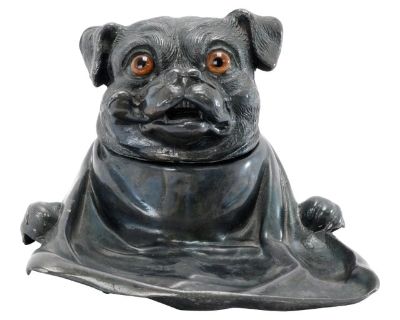 Antique Inkwell Jennings Brothers Pug Dog Pen Rest