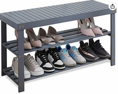 3-Tier Bamboo Shoe Rack Bench - Grey