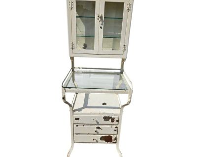 1920s Antique French Industrial Metal Doctors Dental Cabinet Curio Display Hutch Apothecary