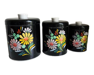 Vintage Ransburg Black with Hand Painted FlowersToleware Canisters- Set of 3