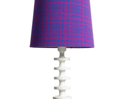 Vintage Swedish table lamp by Uno & sten Kristiansson for Luxus, Vittsj , circa 1960s. This lamp features a newly restored lamp shade in original 1960s Verner Panton Unisol fabric, in vibrant blue and violet. In excellent working condition. There is some checking present in the lacquer finish and other normal wear. The original diffusor is in very good condition. The original lamp shade was rec...