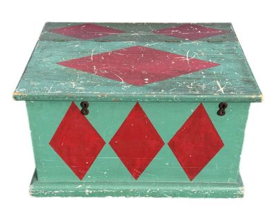 Truly a diamond among antique painted chests! 19th C. Artisan painted storage chest in a minty green with signal red diamond designs. Original in every way and very clean. Perfect patina to the exterior paint work and still ready for use inside. 32" wide, 24.5" deep, 18.25 tall. Sits on a set of amazing metal casters which still perform this duties perfectly. Fantastic detailing everywhere you ...