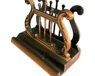 Vintage Bronze Lyre Letter Holder – Mid-Century Desk Organizer
