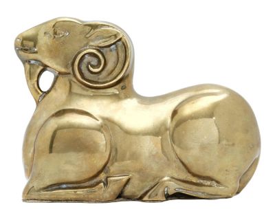 Vintage Brass Ram figurine. This listing is for a vintage brass statue: ram or bearded goat. This charming brass statue has beautiful lines and detail. Place it in any room for added vintage character to your space. approx. measurements: H: 5 3/4 inches W: 3 inches (side to side) Depth: 7 1/2 inches (front to back) weighs about: 4 lbs. 5 oz. Photos are part of our description, so please view th...