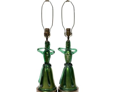 1930s Empoli Verde Italian Studio Art Glass Figural Table Lamps - a Pair