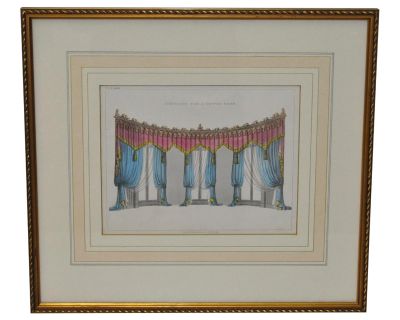 Traditional Interior Design Hand Colored Engraving "Gothic Room Curtains" c.1826
