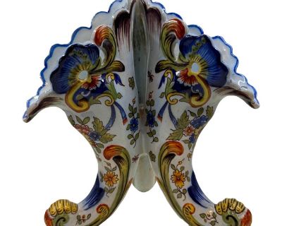 Antique 19th Century Rouen Faience 3 Horn Cornucopia Vase From France