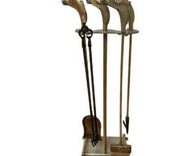 Vintage French Neoclassical Style Brass Horses Head Fireplace Tools - Set of 5