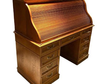 Mid Century American Solid Oak S Roll Top Front Desk
